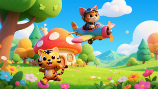 卡通蓝天白云草地动物