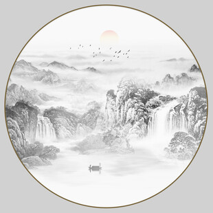 圆形水墨山水画