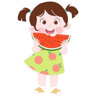 卡通双马尾穿着裙子吃西瓜的女孩