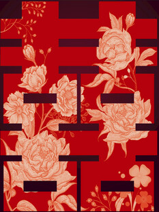 中式红底花卉几何图案