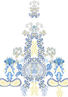 蓝黄花卉对称图案设计