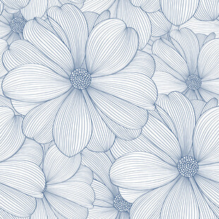 蓝白花卉线条无缝图案