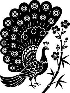 中式黑白孔雀花卉图案