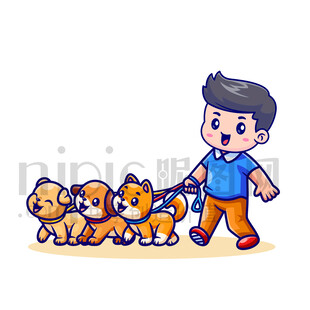 男孩牵着小狗快乐漫步