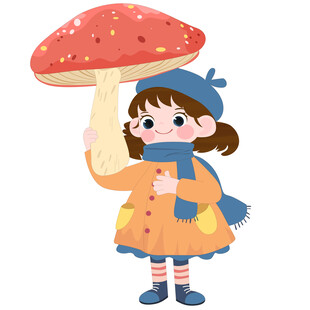 卡通秋季拿蘑菇戴帽子围巾的女孩
