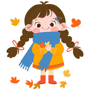 卡通秋季拿着枫叶戴围巾的女孩