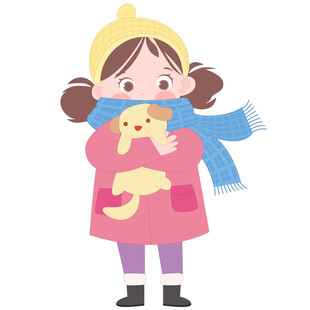 卡通秋天带着帽子抱着小狗的女孩