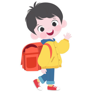 卡通背着书包挥手去上学的男孩