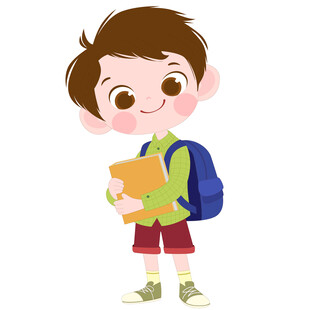 卡通风背着书包抱着书去上学男孩