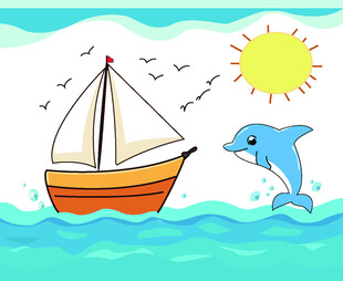 海上帆船与跃出水面的海豚