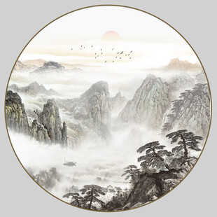 圆形水墨山水画