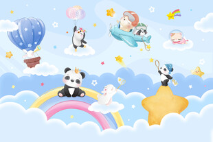 可爱动物卡通彩虹星空儿童背景墙
