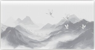 圆点镂空水墨山水间飞鸟翱翔