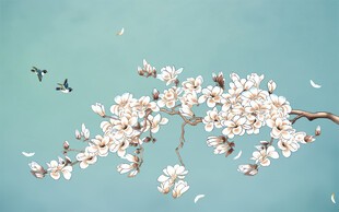 新中式工笔花鸟白玉兰背景墙