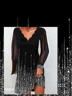 黑色流苏装饰长袖连衣裙