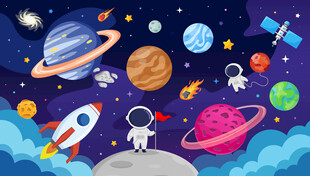卡通宇宙星球太空火箭儿童背景墙