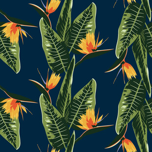 深蓝色底热带植物花卉图案