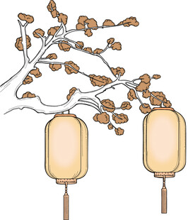 中式枝头挂双灯笼插画 矢量图