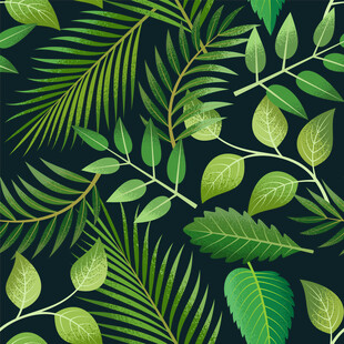 深绿背景下的繁茂叶片图案无缝