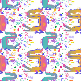 多彩卡通动物图案背景数码印花