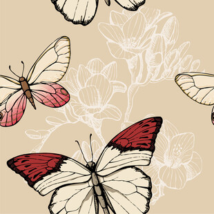 手绘红白蝴蝶装饰图案数码印花
