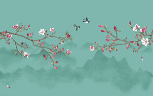 新中式工笔花鸟玉兰花山水背景