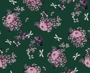 深绿底粉花花卉图案