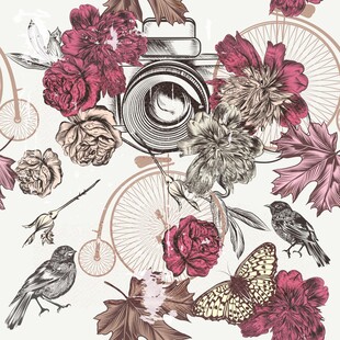 复古花卉相机鸟类图案