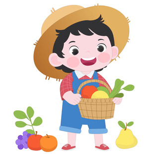 丰收季节戴草帽男孩拿一篮子水果