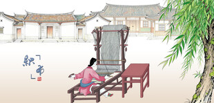织布机古装女子织布