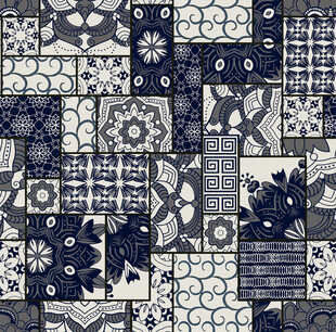 蓝白拼贴风几何花卉图案