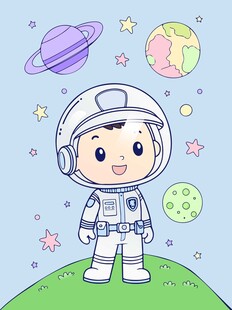 卡通手绘可爱宇航员在绿色星球