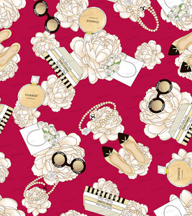 红色底复古图案印花布料