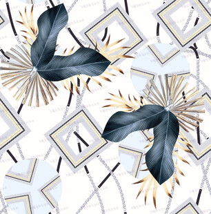 几何风蓝叶花卉图案设计
