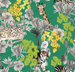 动物花卉图案的绿色织物