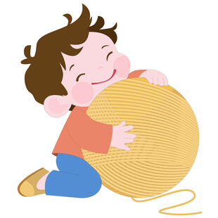 卡通男孩抱着毛线球开心玩耍插画