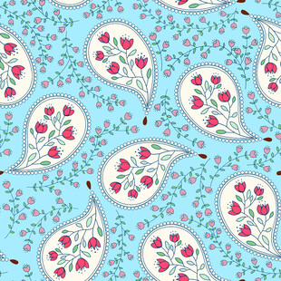 蓝色底花卉佩斯利花纹图案