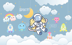 可爱卡通太空人火箭儿童房背景墙