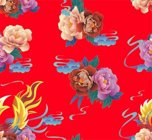 中式红底花卉神兽图案