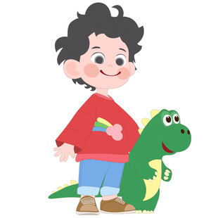 卡通可爱男孩和恐龙玩偶玩耍插画