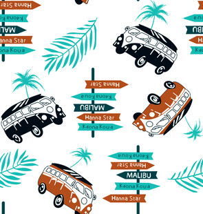 复古巴士与旅行路牌图案