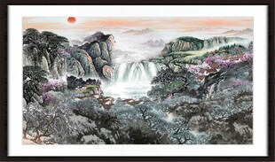 山水间瀑布红日美景图