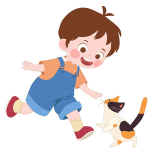 穿背带裤男孩和猫咪互动玩耍插画