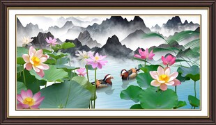 荷花山水装饰画