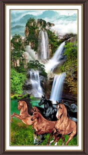 山水间奔腾的骏马图