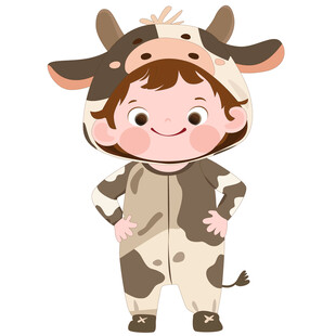 男孩穿卡通玩偶服奶牛睡衣插画