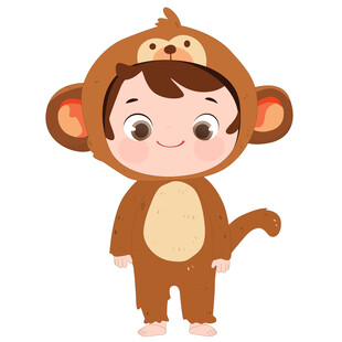 男孩穿卡通玩偶服猴子睡衣插画