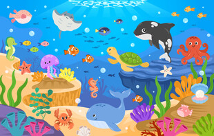 可爱鲸鱼卡通海洋动物珊瑚背景墙