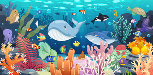 卡通水族馆可爱海洋动物海底背景