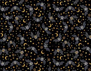 黑色背景上的月亮星星蝙蝠图案